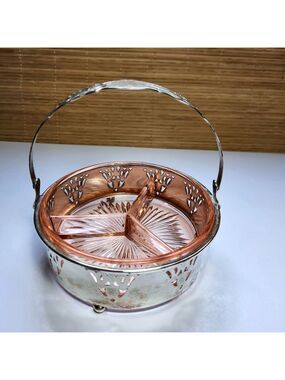 Pink Glass Relish Dish with Metal Caddy • Mid‑Century Tidbit Server • Starburst